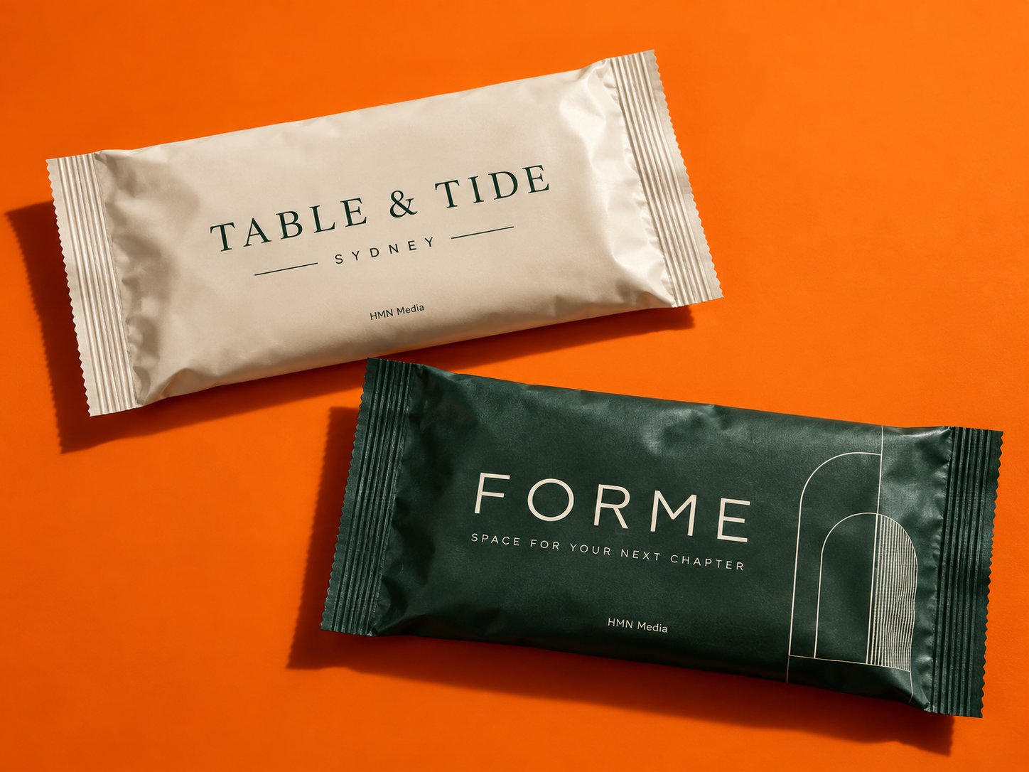 Concept hand wipe packaging: Table & Tide venue branding on one face and FORME advertiser branding on the other
